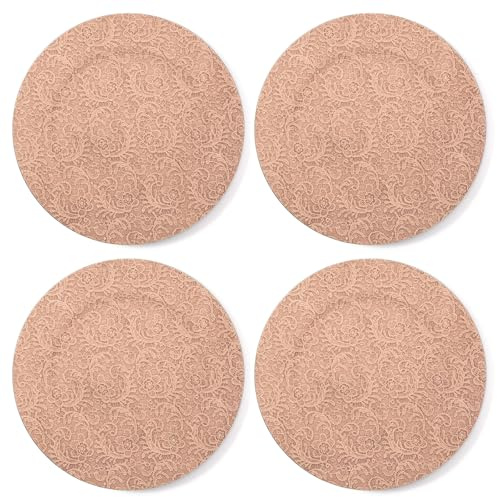 Vimin Box Set 4 Sottopiatti Rotondi | in Plastica Rigida Ø 33 cm | Superficie in Tessuto Ricamato Effetto Pizzo, Sottopiatto Elegante per Matrimonio, Eventi e Natale | Decorazione Tavola (Rosa, 4)