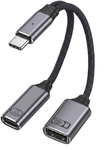 TNSLAND Adaptador de cable USB-C OTG, divisor 2 en 1 con carga rápida PD de 100 W y puerto hembra USB-A 2.0 compatible con laptop, tablet, teléfono, color gris