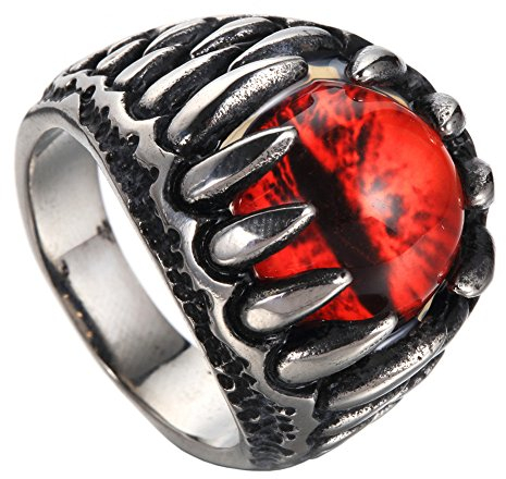 HIJONES Herren Edelstahl Gothic Dragon Claw Evil Teufel Rote Augen Augapfel Ring Größe 60