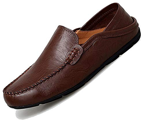 Go Tour Men's Leather Casual Slip On Loafers Breathable Driving Shoes Fashion Slipper Dark Brown 10.5/46