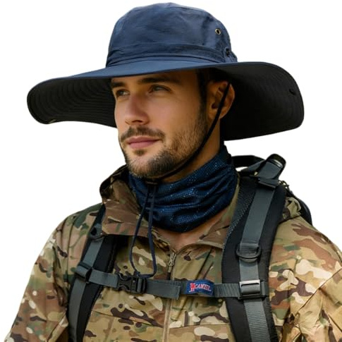 HLLMAN Sonnenhut mit super breiter Krempe für Herren/Damen, UPF 50+ UV-Schutz, großer Fischerhut zum Angeln, Wandern, Gartenarbeit, U044 Marineblau, XL