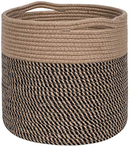 MINTWOOD Design 11 x 11 Inches Cotton Rope Basket for Flower Pot and Indoor Floor Planters, Decorative Round Woven Plant Pot Basket, Planter Covers, Small Dog Toy Storage Baskets, Black