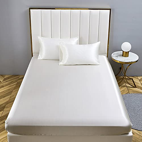 Boqingzhu Satin Spannbettlaken 140x200cm Weiß Uni Seide Spannbetttuch Microfaser Bettlaken für bis 25cm Matraze