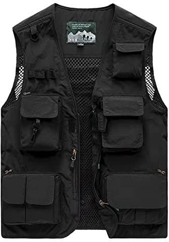 Sukany Men's Leisure Outdoor Work Safari Fishing Travel Cargo Vest Jacket Photo Mesh Waistcoat Multi Pockets Black L