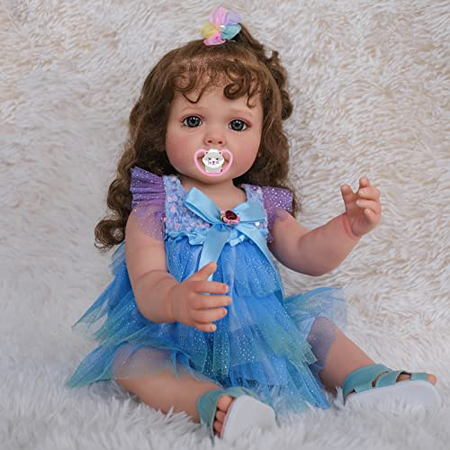 MineeQu 55CM So wirklich süß kuschelig Rooted Haar Wiedergeborene Babypuppe Silikon Vinyl Ganzkörper realistisch Neugeborenes Kleinkind Mädchen Puppen Kinder Geburtstag Weihnachten Geschenk Set