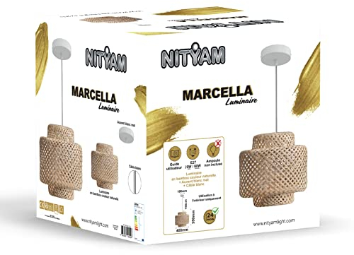 NITYAM Natürliche braune Bambusleuchte, 150 cm Kabel, Deckenleuchte für Wohnzimmer, Schlafzimmer, Küche, MARCELLA-Leuchte, Leuchte, ohne Glühbirne