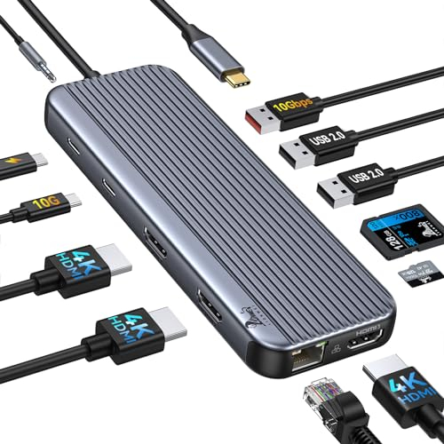 USB C Docking Station 3 HDMI Dockingstation 3 Monitore 12 in 1 Laptop DockingStation Triple Display USB C Dock 10Gbps USB A/C 3.1, USB 2.0,100W PD, Ethernet, Audio/Mic, SD/TF