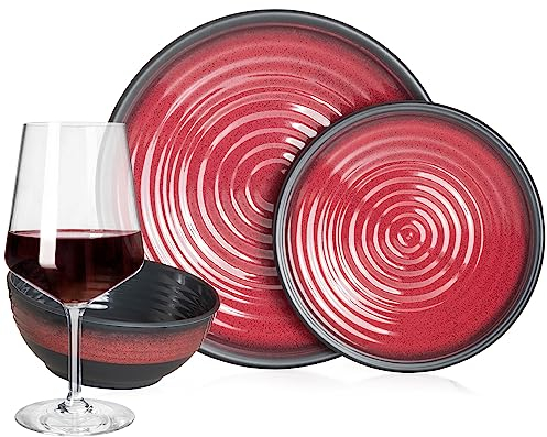 Vaisselle de camping en mélamine pour 4 personnes - Rouge pierre + 4 verres à vin rouge Milano - Verres à vin rouge - Vaisselle de table - Pique-nique