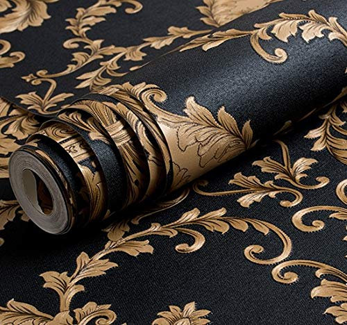 HELVES High Grade Black Gold Luxury Embossed Texture Metallic 3D Damask Wallpaper for Wall Roll Washable Vinyl PVC Wall Paper