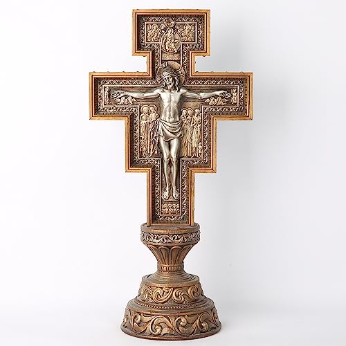 BC Katholisches San Damiano Kruzifix stehendes Kreuz, religiöse Geschenke, Kreuze für Altar, handbemaltes Holz mit Metall-Finish, 45,5 cm H Renaissance-Skulptur handgefertigt von Buildclassic