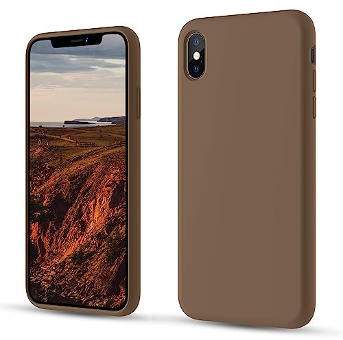 CALOOP Slim-Fit for iPhone X Case,iPhone XS Case,Skin Soft Liquid Silicone,Sturdy Shockproof Hard Frame Cover with Anti-Scratch Microfiber Lining,Robust Full Protection for Screen(Light Brown)