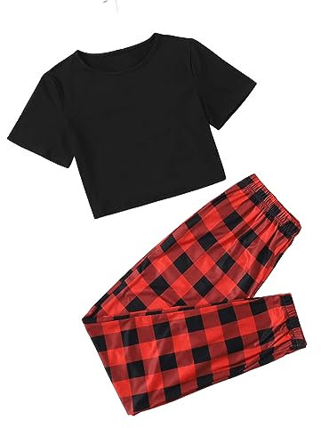 GORGLITTER Ensemble pyjama long pour femme avec pantalon à carreaux 2 pièces, pyjama long avec t-shirt de Noël, Noir et rouge, M