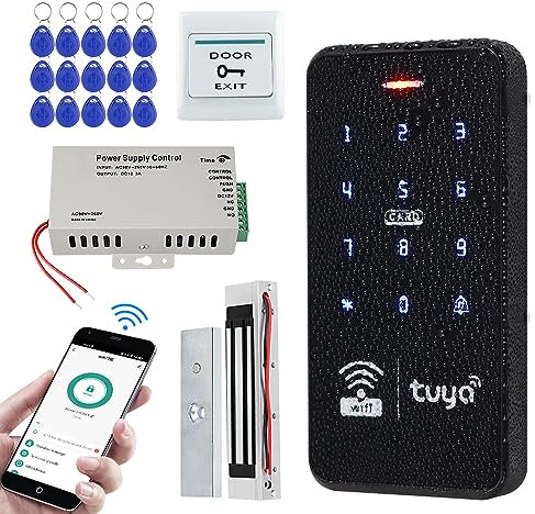 FUSYTULY Outdoor Waterproof Access Control System Kits Wireless WiFi RFID Keypad Touch Password 125KHz 13.56MHz with 180KG Electric Magnetic Lock, Smart Tuya APP Remote Control