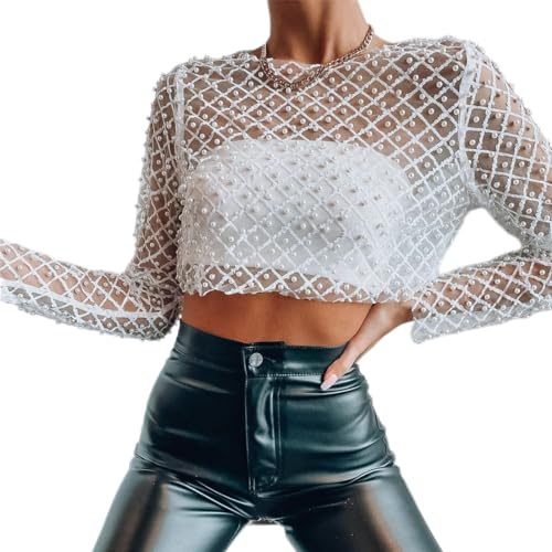 Odizli Netzoberteil Damen Sexy Langarm Durchsichtiges Transparent Netz Glitzer Pailletten Perlen Mesh Oberteil Netzshirt Festival Rave Techno Outfit Frauen Crop Top Party Hip Hop Clubwear Weiß L