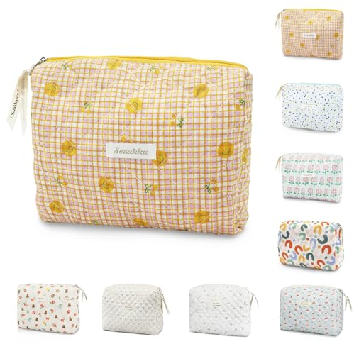 Travel Toiletry Bag, Cotton Floral Travel Makeup Bag, Portable Cosmetic Bag, Traveling Makeup Storage Bag for Women Girls (Yellow)