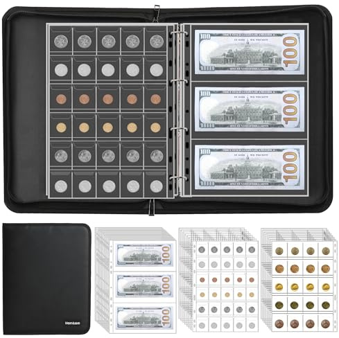 Coin Collection Album Holder for Collectors, 400 Pockets Fireproof Coin Collection Book & 36 Paper Money Organizer Binder for Coin Currency Collection Supplies,Pennies,Bill,Tokens,Badges