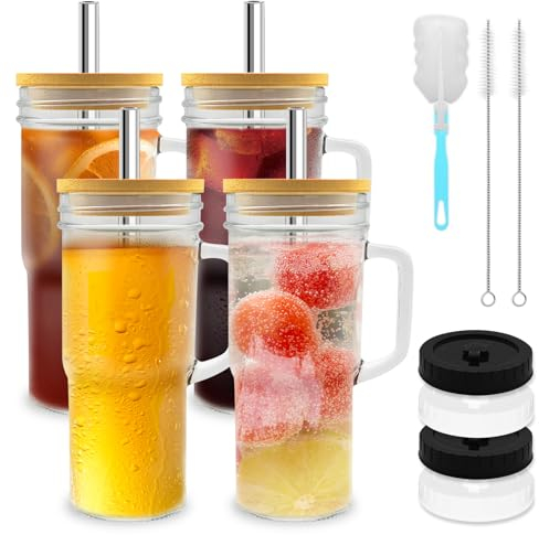 HMJIA Glasbecher mit Deckel und Strohhalmen 24oz Mason Jar Trinkglas mit Griff Strohhalmbürste Tasse Bürste Wiederverwendbare Eiskaffeebecher Boba Tee Smoothie Gläser (4)
