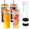 HMJIA Verre avec Paille et Couvercle 24oz Mason Jar avec Poignée Pailles Bubble Tea réutilisables avec Brosse Verre a Eau à Café Glacé Boba Thé Verres à Smoothie (4, 700ml)