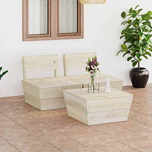 Rantry Paletten-Sofa, Palettensofa für den Außenbereich, mit Kissen, Palettenmöbel für den Garten, 3 Teile, imprägniertes Fichtenholz, 2 x Mittelteil + Tisch