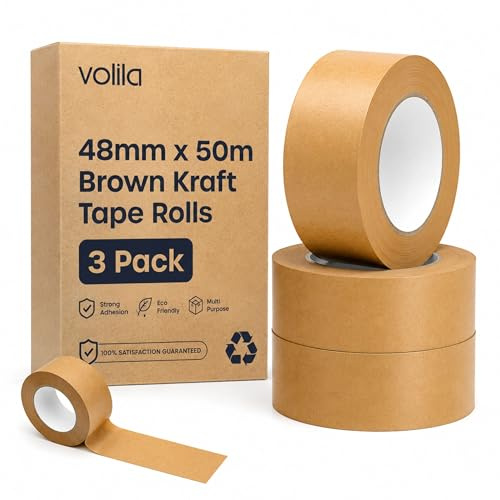 volila 3 Rolle Paketklebeband Papier - Klebeband Papier Braun, Eco Umweltfreundlich & Recycelbar Papier Kraft Packband für Umzugskartons und zur Lagerung, 48mm x 50m