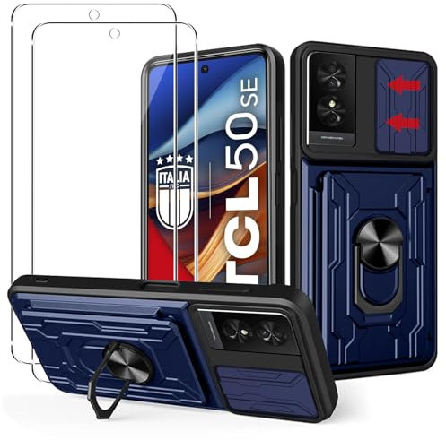 MEMELOKA Coque pour TCL 50 SE/TCL 50SE + 2 Pièces Verre Trempé, Rigide PC et TPU Bumper Antichoc Étui de Protection[Lentille Coulissante Couverture][Fente pour Carte][Support Rotatif], Bleu