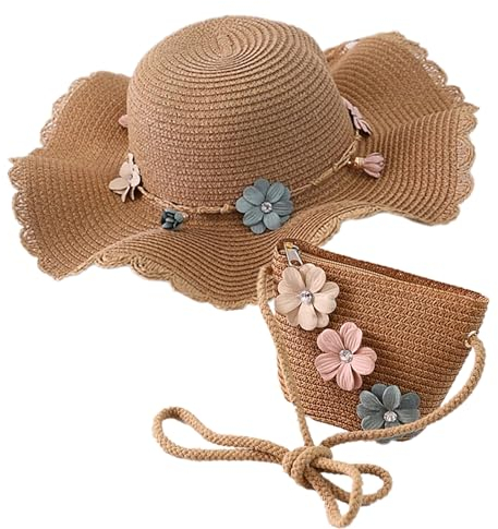 HIMKI Strohhut Tasche Set Kinder Sonnenhut Süßer Sommer Strandhut + Strohtasche für Mädchen Reisehut mit Blumendeko für den Urlaub Reise Outdoor, Kopfumfang: 52-54 cm (Stroh, Kaffee)