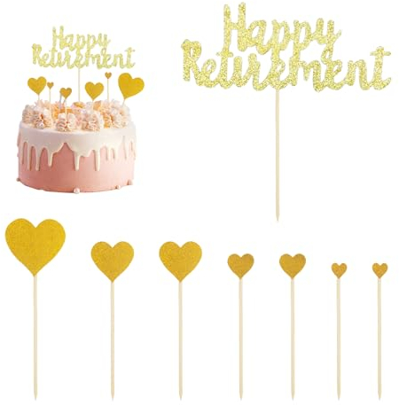 1 Stück Ruhestand-Kuchenaufsatz, 7 Liebeseinsätze, Happy Retirement-Kuchenaufsatz, Dekoratives Kuchenzubehör, Partydekorationszubehör. Kuchen-Ruhestandsmuster-Dekorationszubehör (Gold)