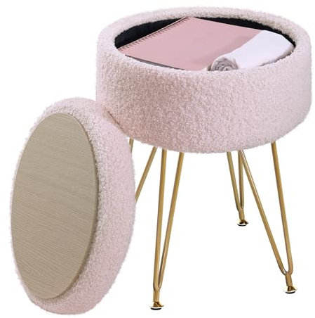 ABHENG Storage Ottoman Round Footrest Stool, Vanity Stool Chair Faux Teddy Fur with Storage, Modern Multifunctional Chairs, 32 x 32 x 44 cm, Jelly Pink ASND51P