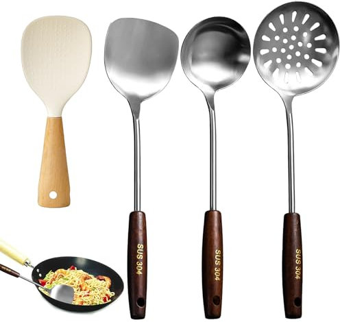 XRPRPX Wok Pfannenwender Edelstahl, 4 Teiliges Wok Kelle Set Schaumlöffel Wok Spatula Schöpflöffel 304Edelstahl und Holz Reislöffel Frittierkelle Abseihlöffel Schaumkelle Wok Küchenhelfer Set