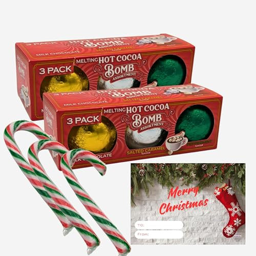 Hot Chocolate Gift Set - 6 X Flavoured Hot Cocoa Bombs With Marshmallows + 6 X Christmas Candy Canes Sweets With Xmas Card - Stocking Fillers - Drinking Chocolate - For Kids Girls Boys Adults