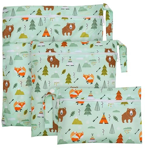 Zocipro 3 Stück Wetbag Stoffwindeln, Wetbag Kindergarten, Wet Bag Wiederverwendbare, Nasse und Trocken Wickeltaschen mit Reißverschluss für Kleinkind-Windeln, Reisen, Strand und Pool,Bär und Fuchs