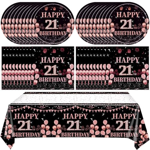 41Pcs 21st Birthday Tableware Decorations for Women Girls Rose Gold Happy 21 Birthday Party Supplies for Her Includes Tablecloth,Plates,Napkins for Sweet Girls 21st Birthday Party