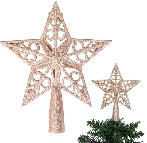 Decoración para árbol de Navidad de 14,5 cm, diseño de Estrella con Purpurina de Oro Rosa, inastillable, para decoración de árbol de Navidad, Corona de árbol de Navidad, Adorno de día Festivo