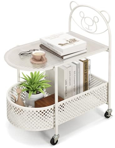 COSTWAY Beistelltisch Glas mit Rollen, 2-stufiger Glastisch mit Bärenmuster, Nachttisch mit Ablagekorb, Couchtisch Kaffeetisch modern für Wohnzimmer, Schlafzimmer, 60 x 40 x 76 cm (Weiß)