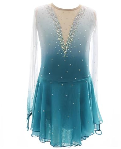 purpleq Damen Eiskunstlauf Kleid Langarm Kürkleid mit Strass Rollkunstlauf Wettbewerb Tanzanzug Gymnastikanzug Professionelle Eiskunstlauf Bekleidung Für Mädchen