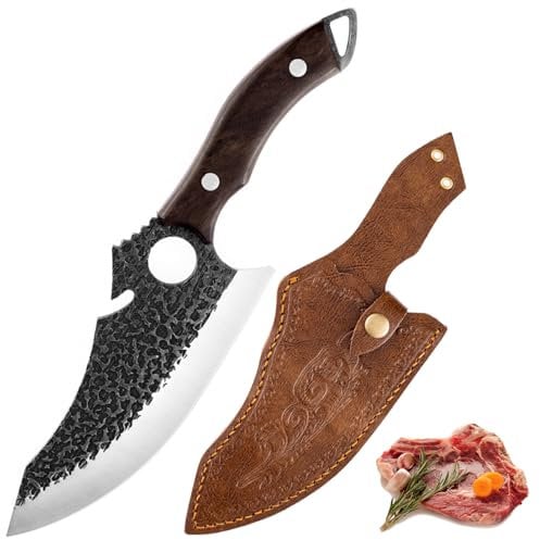 Huuskjpn Chef's Knife Japanese 7 Hand Forged Kitchen Knives Full Tang High Carbon Steel Boning Knife Home and Outdoor Cooking Knife with Leather Sheath