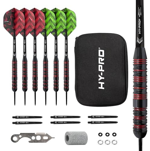 Hy-Pro Dartpfeile Set - 22g Steeltip Darts, 6X Aluminium Schäfte, 6X Kunststoffschäfte, 12 Flights, 6X O'Rings, 6X Federringe, Dart Sharpener, Dartwerkzeug, mit Etui, tolle Darts Geschenkidee,