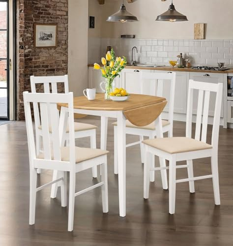 Hallowood Furniture Ledbury Round Dining Table and Chairs Set 4, Small Drop Leaf Oak Top Folding Table and White Chairs in Cream Fabric Padded Seats, Space-Saving Set for Home or Cafe Use