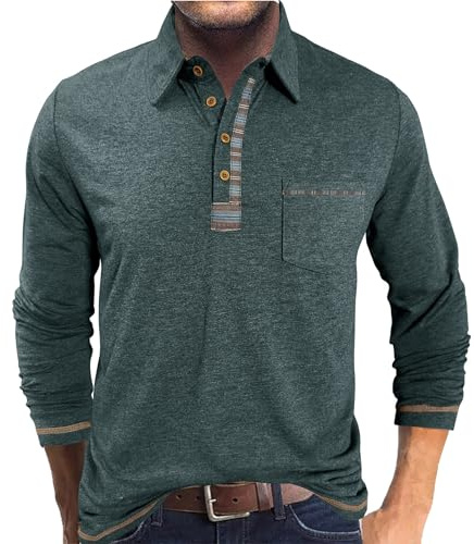 PRIVIMIX Mens Polo Shirts Long Sleeve Basic Golf Rugby Shirt with Pocket Casual Polos T-Shirts Work Tops with Plaid Collar M-3XL