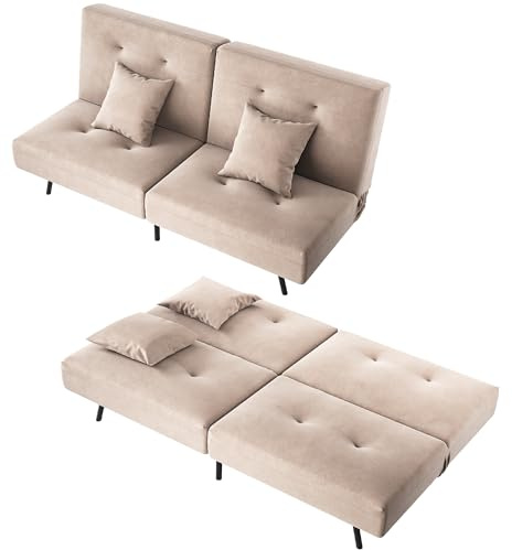 SONNI Schlafsofa 3-in-1, Klappbares Sofabett mit Verstellbarer Rückenlehne(100° 135° 180°), 2 Kissen, Schlaffunktion, Baby-Samt, Für Wohnzimmer, Gästezimmer & kleine Räume, 180x89x78cm, Khaki.