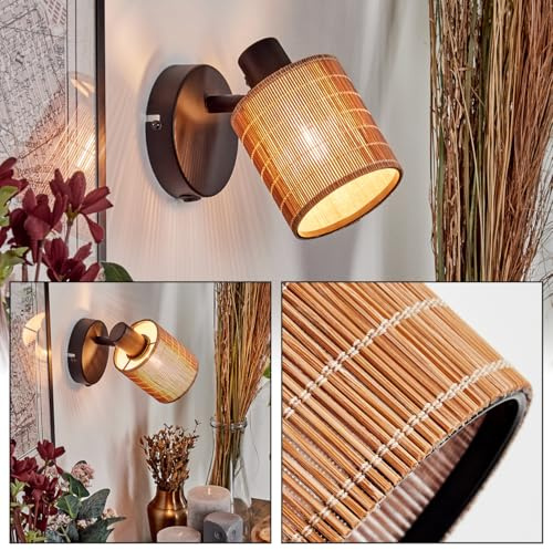 HOFSTEIN Wandleuchte Kinnared, Wandlampe aus Metall/Bambus in Schwarz/Natur, Leuchte im Boho-Design mit verstellbarem Schirm und Schalter am Gehäuse, E14, Wohnzimmer, Schlafzimmer, Küche, Flur