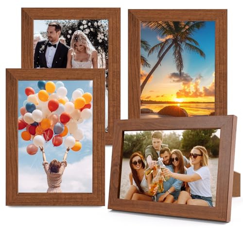 HJYIMYI 4 Stück Bilderrahmen 10x15 cm für Fotos Bilder Kunstwerke | Umweltfreundlich Holzbilderrahmen Bilderrahmen Klein mit Scheiben aus Acrylglas, Rustikaler Braun Holz-Fotorahmen Collage