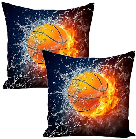 ZenyTra 2er Set Kissenbezug 40x40 Basketball Schwarz | Doppelseitig Korbball Deko | Jugendzimmer Deko Jungen Geschenk | Sport Kissenbezüge Dekokissen
