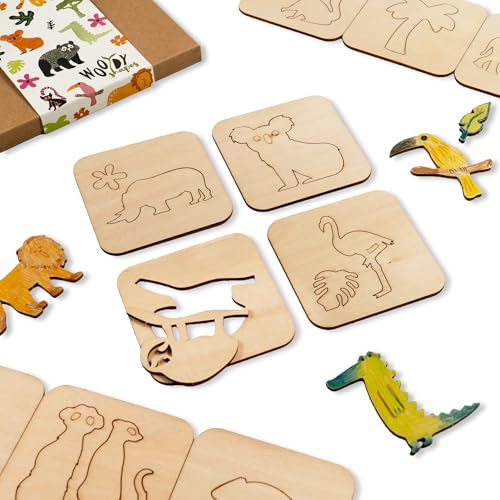 NAKLEO Holzschablonen zum Zeichnen für Kinder, Set mit 20 Stück 9,5x9,5cm Dschungel Savanne, Montessori Lernspielzeug Vorlagen Kreative Bastelvorlagen Pädagogisches DIY Handwerk Malset, Papier Wand