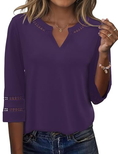 Rapbin Bluse Damen Elegant 3/4 Arm Shirt Oberteil Sommer Spitze Tunika | V-Ausschnitt Vintage Schickes Mode Tops Frühling Sommer Outfit