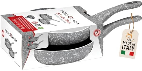 AKITAInk Kit Padelle Effetto Pietra Antiaderenti 24/28 cm – Rivestimento Rinforzato e Manico Soft Touch, Adatte a Tutti i Piani Cottura Tranne Induzione, Made in Italy