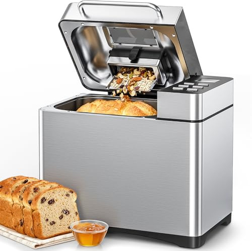JUMMICO Macchina per il pane 19 in 1 con aggiunta automatica e alloggiamento in acciaio inox, capacità di 1 kg (3 dimensioni), 3 livelli di crosta, mantiene il caldo, avvio del timer, facile da usare