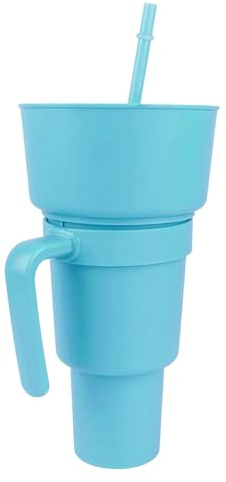 Qudinip Gobelet à Boisson 2 en 1 à Grande Ouverture en Plastique avec Paille, Gobelets en Plastique à Double Paroi pour Cinéma, Maison, Voyage, Sac à Dos, Voiture (Bleu clair)