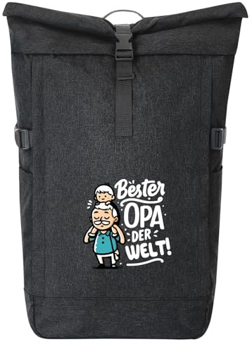 Huuraa Kurierrucksack Bester Opa der Welt Geschenk | 30-44 Liter Backpack Black Melange Fairtrade Rolltop Rucksack Geschenkidee Schwarzer Laptop-Rucksack passend für 17-Zoll