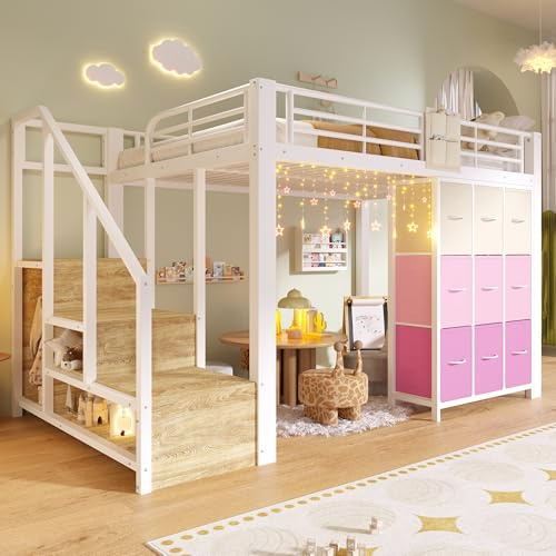 BTM Metall Hochbett 140x200 mit Treppe und Modulares Schubladen Hochbett Jugendliche mit Stauraum, Weiß